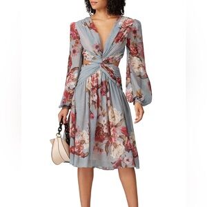 PatBO Floral Twist Cutout Midi Dress in Light Blue and Rose